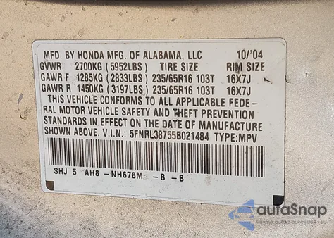2005 Honda Odyssey Ex-L z USA, uszkodzony, nr VIN 5FNRL38755B021484